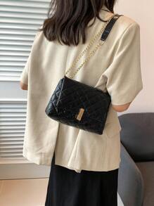 刺繡格紋時尚鏈單肩包女大學生優雅大氣購物度假 - 黑色 - 查看 6