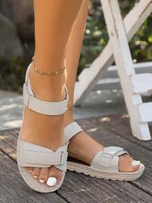 女士夏季新款简约彩色纽扣时尚沙滩凉鞋，露趾，钩环，软底，大码，圆头，轻便，运动风格 - 米色 - 查看 5