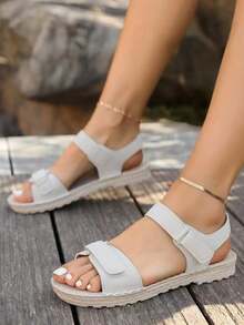 女士夏季新款简约彩色纽扣时尚沙滩凉鞋，露趾，钩环，软底，大码，圆头，轻便，运动风格 - 米色 - 查看 6