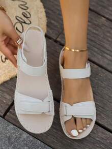 女士夏季新款简约彩色纽扣时尚沙滩凉鞋，露趾，钩环，软底，大码，圆头，轻便，运动风格 - 米色 - 查看 2