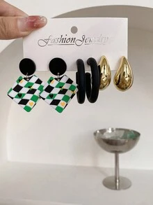 1set 3pairs Geometric Creative Earrings, Uncommon Design Universal Plate Material Ear Drops Costume Jewelry Set - Multicolor - View 4