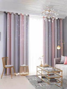 2pc Star Curtains,Bedroom Curtains With 2 Panels Colorful Double Layer Draperie Gradient Rainbow Blackout Curtains Bedroom Living Room Darkening Striped Double Layer Star Cut Home Decor Window Curtains With Gradient Eyelets, Anti-Cold, Blackout Star Curtains For Living Room, Decoration, Soundproofing, Thermal Insulation (100x130cm) - Grey - View 5