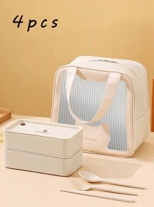 1 Set Microwaveable And Refrigerable Plastic Double-Layer Lunch Box, Student And Adult Lunch Container Set With Utensils, For Back To School, Class, College, School Supplies, Kitchen Organizers And Storage, Kitchen Accessories, School Kids, Working Professionals, Home Food Storage, Traveling,Portable Independent Layered Lunch Box, Household Worker Student Sealed Lunch Box With Fork Spoon Insulation Bag - Beige - View 1