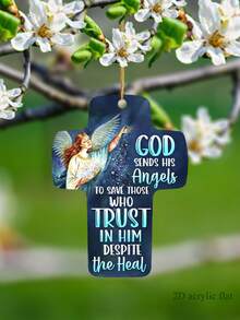 1入組「派他的天使拯救那些相信他的人,儘管他們正在受苦」字樣十字形單面亞克力吊墜,金色繩索,是一份的禮物,適合日常,敬拜,家居裝飾,門前、背包、樓梯懸掛裝飾 - 彩色 - 查看 1