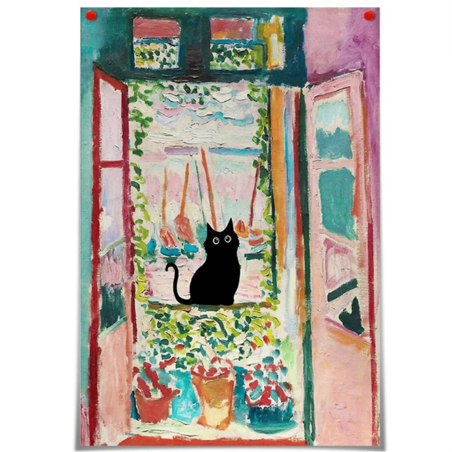 馬蒂斯油畫掛畫,馬蒂斯著名開窗黑貓海報,有趣的貓咪花卉印花彩色農舍畫廊富有美感的卧室浴室室內裝飾,不帶框 - 彩色 - 查看 1