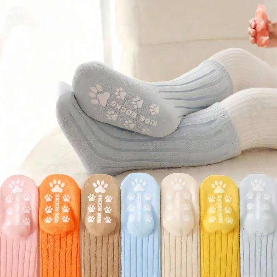 基本加厚藍/粉色兒童襪子,珊瑚絨防滑點膠新生兒襪子 - 橘色 - 查看 1