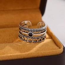 1pc Vintage Wavy Thread Multi-Layered Flower Open Ring Suitable For Women's Daily Wear - Antique Silver - View 5