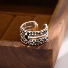 1pc Vintage Wavy Thread Multi-Layered Flower Open Ring Suitable For Women's Daily Wear - Antique Silver - View 6