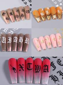 5张哥特风美甲贴纸，复古字体英文字母，黑白金星心纹身图案，DIY美甲装饰配件，美甲用品 - 彩色 - 查看 3