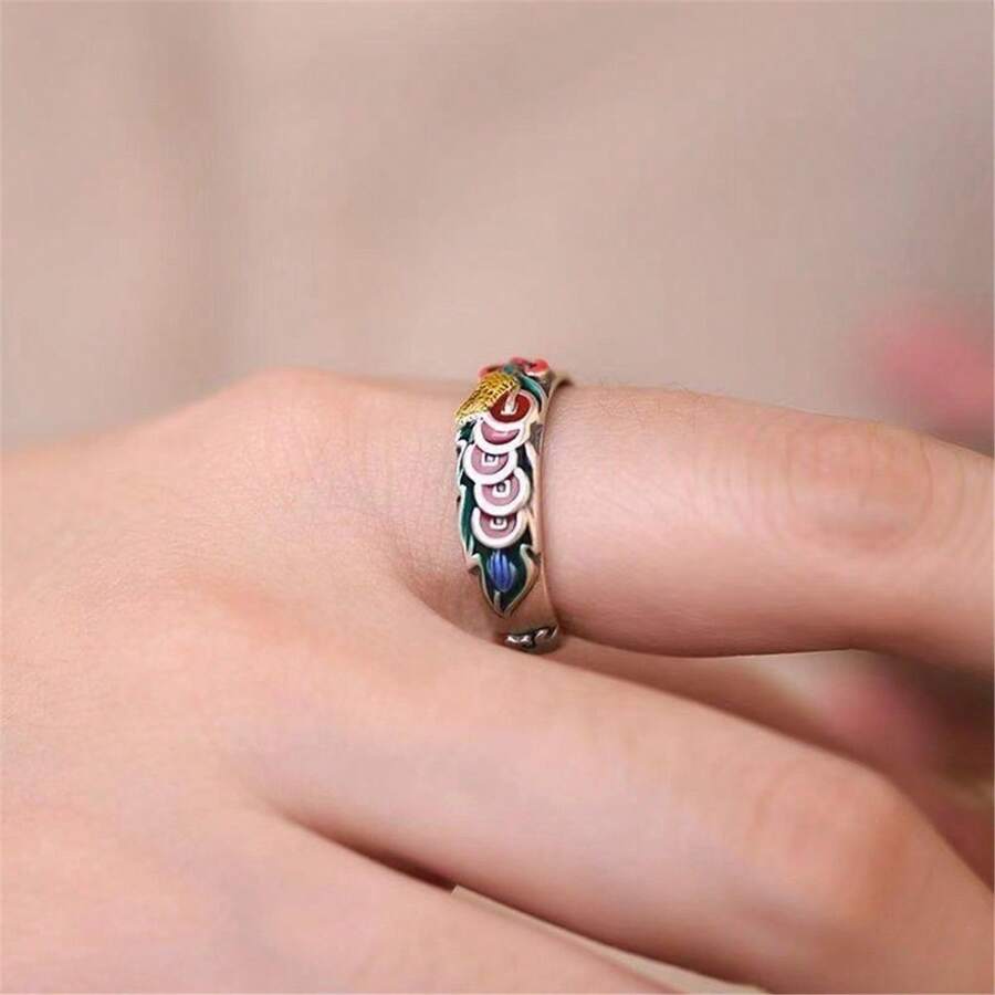 1pc Cloisonne Colored Five Emperors Coin Ring, Unisex, Vintage National Style, Adjustable, Suitable For Daily Wear - Enamel Five Emperors Coin Ring - View 1