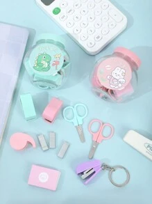 1 Set Of Stationery With 1 Stapler, 1 Hole Puncher, 1 Box Of Staples, 1 Pair Of Scissors, And 1 Tape Cutter, Random Color, Versatile And Suitable For Office And Students - Multicolor - View 4