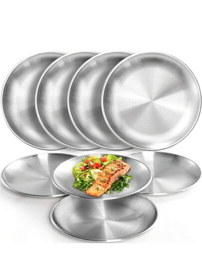 1PC Stainless Steel Plate, Outdoor Barbecue Plate, Pizza Plate, Salad Plate, Camping Plate, Pasta Plate, Dessert Plate, Nut Plate, Candy Plate, Fruit Plate, Party Cake Tray, Reusable For Camping/Family/Holiday/Party/Hotel/Outdoor,Kitchen,Christmas Gift