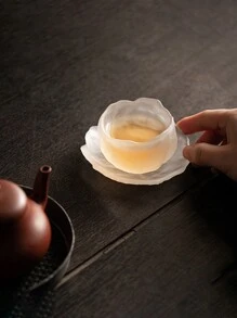 1pc 65ml White Frosted Glass Tea Cup With Coaster, Chinese Style Home Drinking Cup - White - View 2