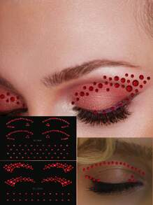 2 piezas Pegatinas de joyas faciales rojas autoadhesivas, pegatinas de diamantes de imitación para delineador de ojos, para el Día de San Valentín, pegatinas de diamantes de imitación para la cara - Rojo - Ver 1