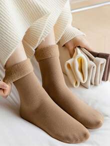 女士纯色加厚羊毛中筒袜，带保暖内衬，冬季 - 駝色 - 查看 2