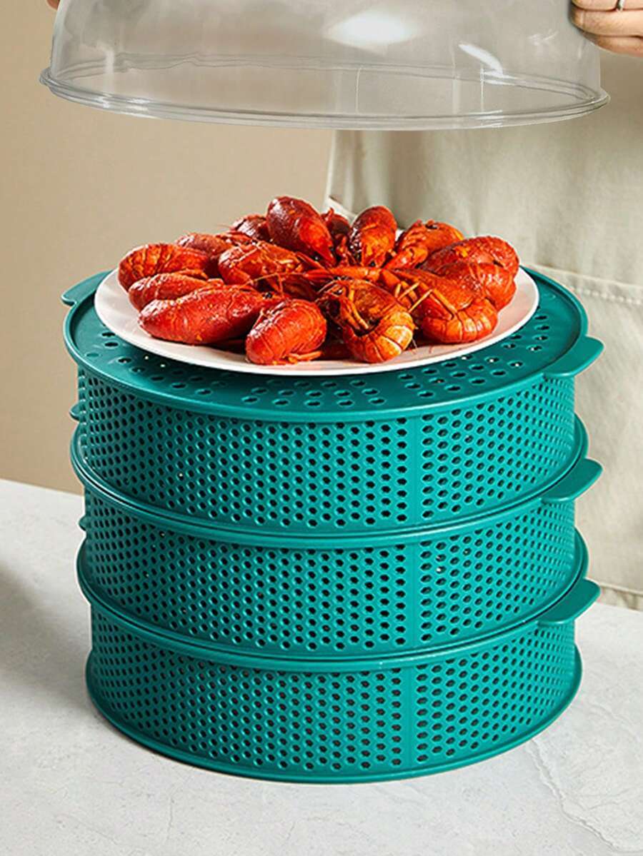 1入組3+1多功能可疊式有孔食品蓋,雙柄蔬菜籃適合放置餐具和水果 & 蔬菜清洗 - 綠色 - 查看 1
