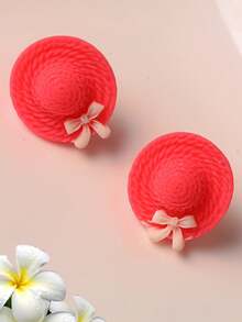 1 đôi Nơ Và Mũ lưỡi trai Hình dạng Hoa tai Đối với phụ nữ - Đỏ - Xem 2