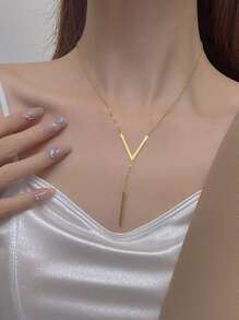 1 件簡約字母吊墜不銹鋼項鍊,金色,時尚長鏈珠寶禮物,適合女士派對配件 - 金黃色 - 查看 1