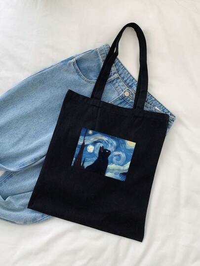 1pc Black Fashionable Cat & Starry Sky Printed Women's Canvas Tote Bag, Portable Shopping Bag For TravellingLightweight,Portable,Large Capacity, Suitable For Teen Girls Women College Students, Perfect For Back To School,College,Middle School, High School