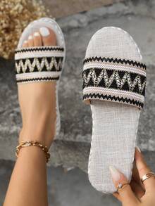 Women's Casual Woven Rope Thick-Soled Sandals In A Black And White Mori Style, Perfect For Beach Outings - Black and White - View 5