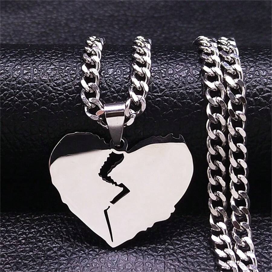 Punk Broken Heart Stainless Steel Necklace Pendant For Women Silver Color Chain Necklaces Jewelry - Black - View 1