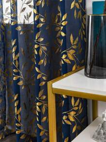 1 Pièce Rideau De Fenêtre Transparent Imprimé Bleu En Feuille Métallique Avec Design De Feuille De Ginkgo Doré, Rideaux Semi-transparents Pour Salon, Chambre, Balcon
