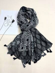 1條為女性設計的簡約印花圖案圍巾,時尚且適合春季、夏季、海灘、戶外等場合 - 黑色 - 查看 2