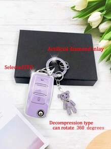 Luxury Purple Diamond Teddy Bear Keychain + Car Violet Anti-Drop Key Cover, Suitable For Vw/Passat/Teana/Sagitar/Superb/Douqi Yakkie/C-Trek/Xinrui Special Use