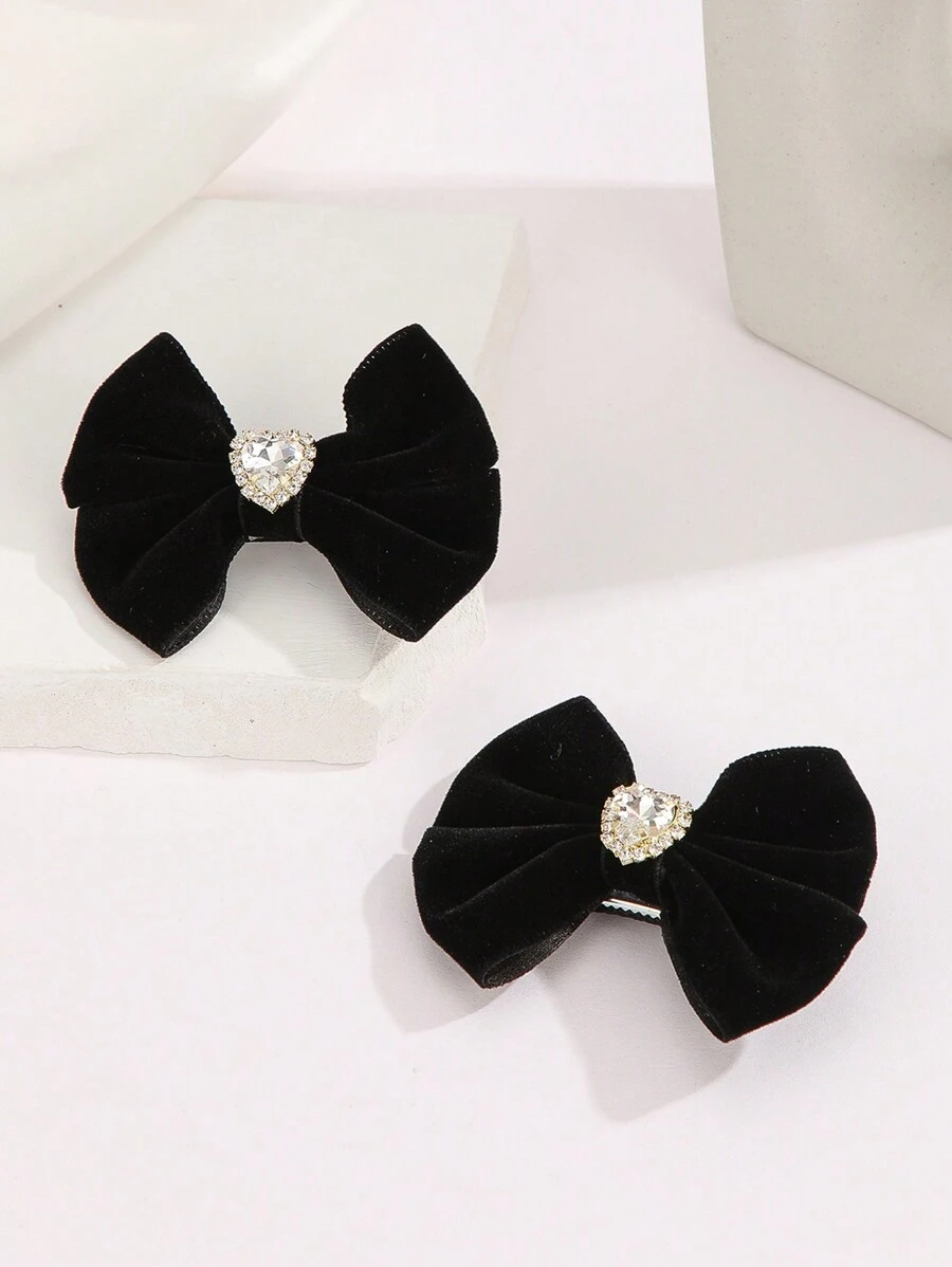 2入組女性浪漫絨面心形鑽石與蝴蝶結髮夾,適用於日常及情人節 - 黑色 - 查看 1