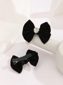 2入組女性浪漫絨面心形鑽石與蝴蝶結髮夾,適用於日常及情人節 - 黑色 - 查看 3