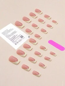 Actualice su apariencia con 24 piezas de uñas postizas cuadradas largas al estilo francés en color amarillo, conjunto de uñas de presión y suministros de uñas uñas falsas uña falsa uña acrílica - Multicolor - Ver 2