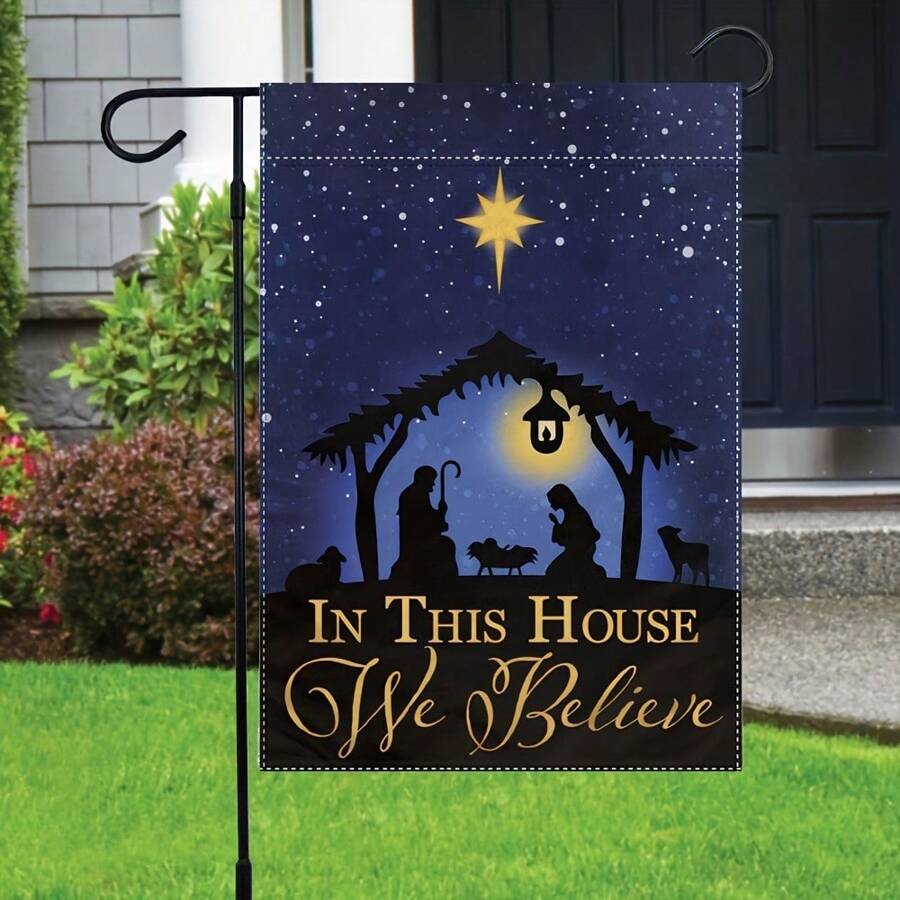 1 件聖誕節（馬槽）花園旗幟聖誕節雙面花園旗幟,適用於門廊庭院花園家居節日裝飾（無金屬支架）12x18 英寸 - 深藍 - 查看 1