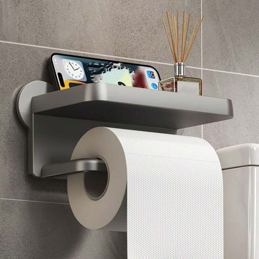 1 件壁掛式浴室紙巾架,衛生紙捲盒,紙巾架,附置物架,無需鑽孔 - 灰色 - 查看 1