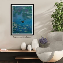 Vintage Monet Canvas Wall Art Famous Oil Paintings Monets Water Lillies Black Cat Poster Funny Cat Floral Print Abstract Farmhouse Gallery Aesthetic Room Decor For Bedroom Bathroom Unframed - Multicolor - View 4