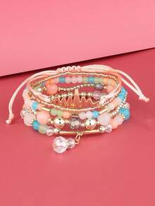 5pcs/Set Bohemian Style Glass Beaded Bracelets, Multilayer Adjustable Crystal Pendants Light Green Creative Jewelry - Colorful - View 1