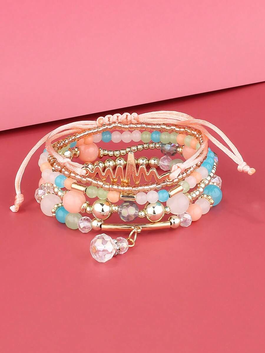 5pcs/Set Bohemian Style Glass Beaded Bracelets, Multilayer Adjustable Crystal Pendants Light Green Creative Jewelry - Colorful - View 1