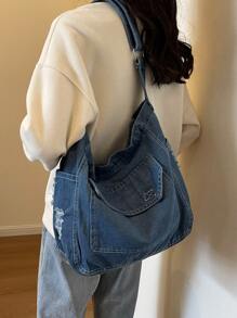 女士休閒簡約純色牛仔斜挎包,多口袋設計 - 藍色 - 查看 6