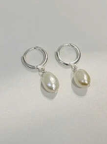 1 對簡約風格 S925 銀巴洛克珍珠耳環,天然淡水珍珠吊式耳環,非常適合女士日常佩戴和節日送給女朋友的禮物 - 銀色 - 查看 1