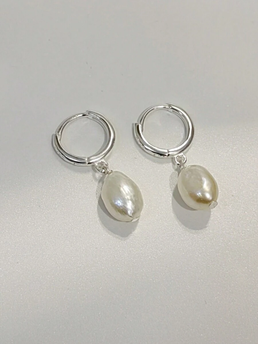 1 對簡約風格 S925 銀巴洛克珍珠耳環,天然淡水珍珠吊式耳環,非常適合女士日常佩戴和節日送給女朋友的禮物 - 銀色 - 查看 1