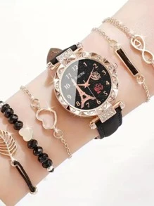 6pcs/Set Girls' Watch Eiffel Tower Design Quartz Watch, Shiny Rhinestone Analog Watch And Bracelet, Nice Gift For Kids - Black - View 6