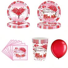 50pcs/Set Valentine'S Day Bear Theme Party Disposable Dinnerware Set Including: 10pcs 7-Inch Paper Plates, 10pcs 9-Inch Paper Plates, 10pcs 13-Inch Napkins, 10pcs 9oz Paper Cups, 10pcs Red Balloons - Multicolor - View 1