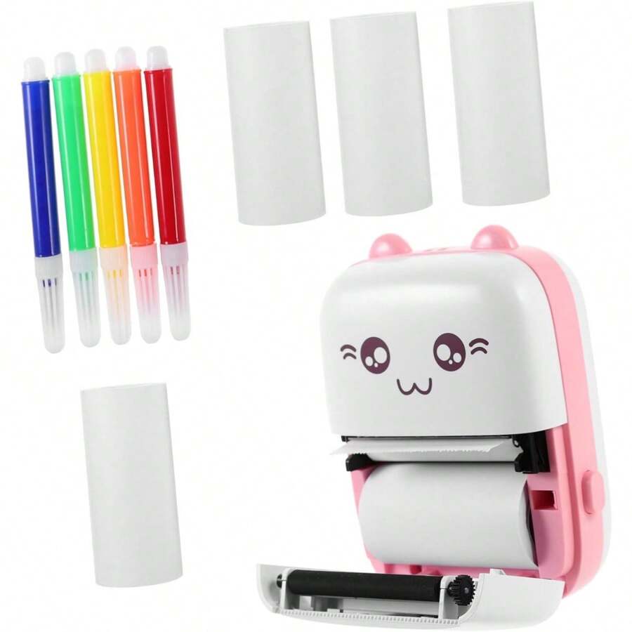 熱敏標籤打印機,附帶5卷白色紙張、彩色筆,便攜式小型熱敏無線圖片紙張,辦公用品、學生小貼紙打印機,支援ios/ Android作業系統,適用於學習輔助 - 淺粉色 - 查看 1