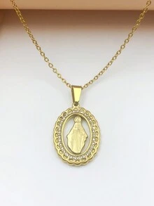 1入流行不鏽鋼橢圓形中空吊墜項鏈,帶鑽石 - 金黃色 - 查看 1