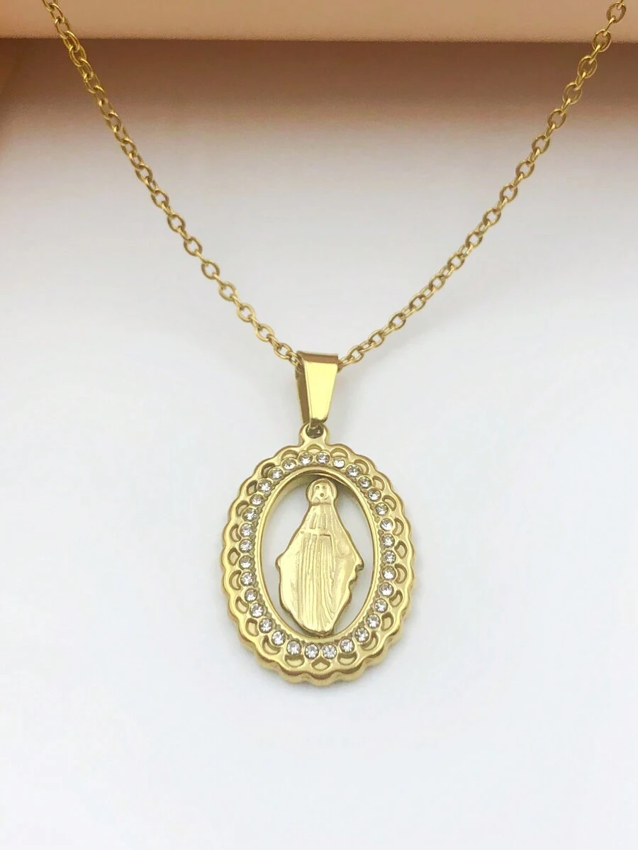 1入流行不鏽鋼橢圓形中空吊墜項鏈,帶鑽石 - 金黃色 - 查看 1