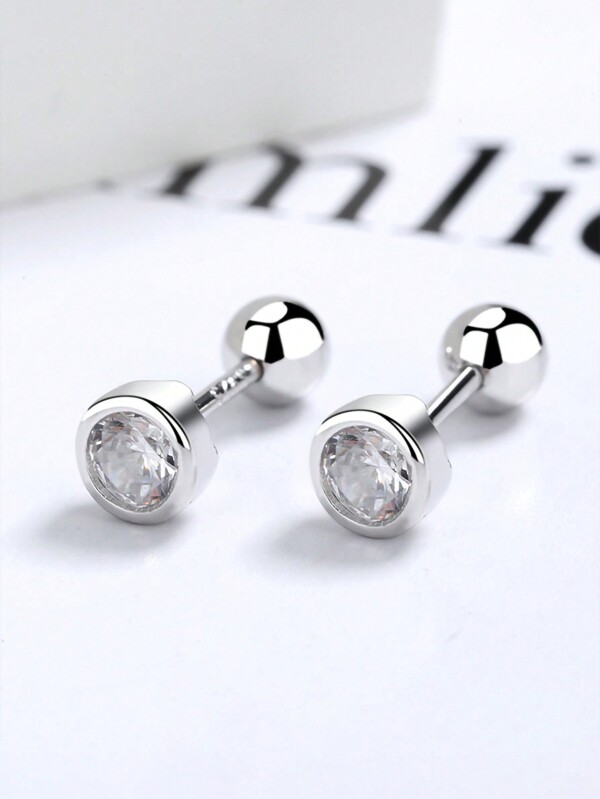 1 Pair S925 Sterling Silver Zirconia Decor Round Bead Stud Earrings, Minimalist Screw Buckle Ear Bone Stud For Girls , Ideal Choice For Gifts Wedding Engagement Bridal Jewelry