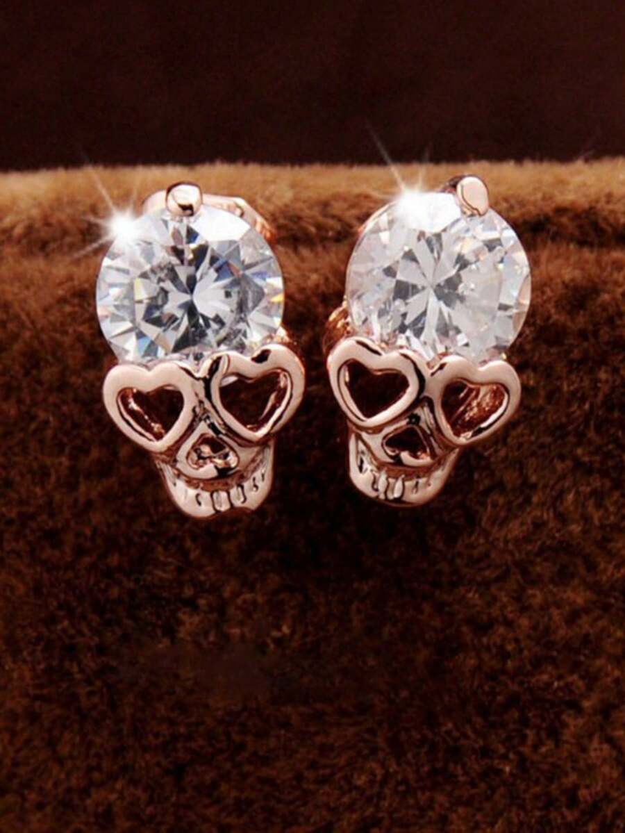 1對女士哥德風格鑲鑽骷髏頭釘耳環,適合節日佩戴 - 玫瑰金 - 查看 1