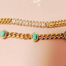 2pcs Fashionable Titanium Steel Blue Turquoise & Rhinestone Decor Vintage Style Bracelet, Suitable For Women's Daily Wear With Extender, Gold - Gold - View 5