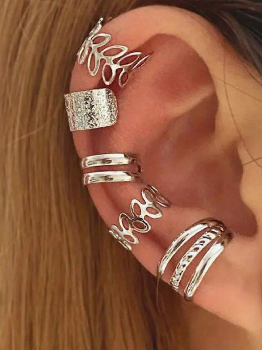 5pcs/Set Women's Clip On Earrings C Shaped Non Piercing Ear Cuff Set Jewelry - Silver - View 1