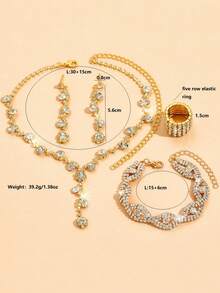 5入組/套歐美風格時尚女式銀色和金色全鑲鑽珠寶套裝,包括項鍊、手鍊、耳環和戒指。非常適合婚禮 - 彩色 - 查看 4