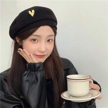 女性的心形棕色貝雷帽,帶有可愛的日本學院風格的秋冬畫家帽,可縮小臉部輪廓 - 彩色 - 查看 3